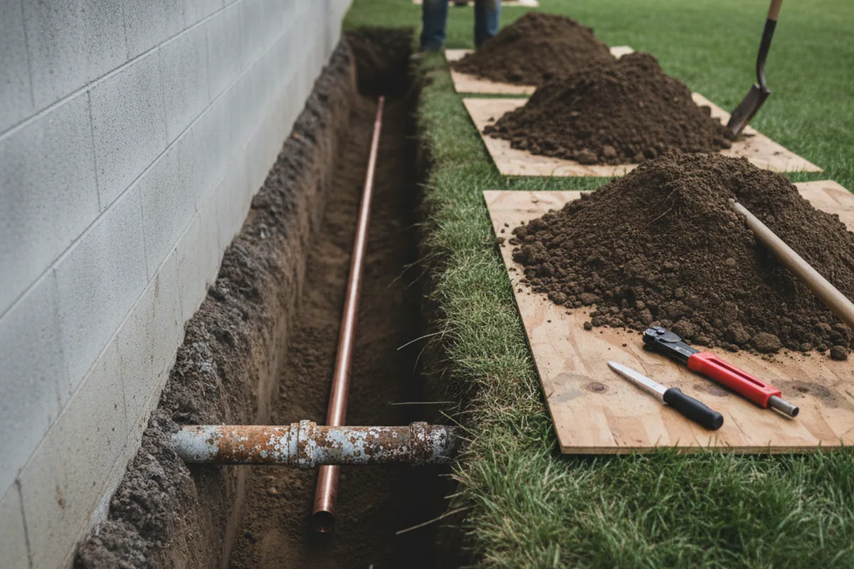 Excavated water line trench during Sewer Line Repair in Byron